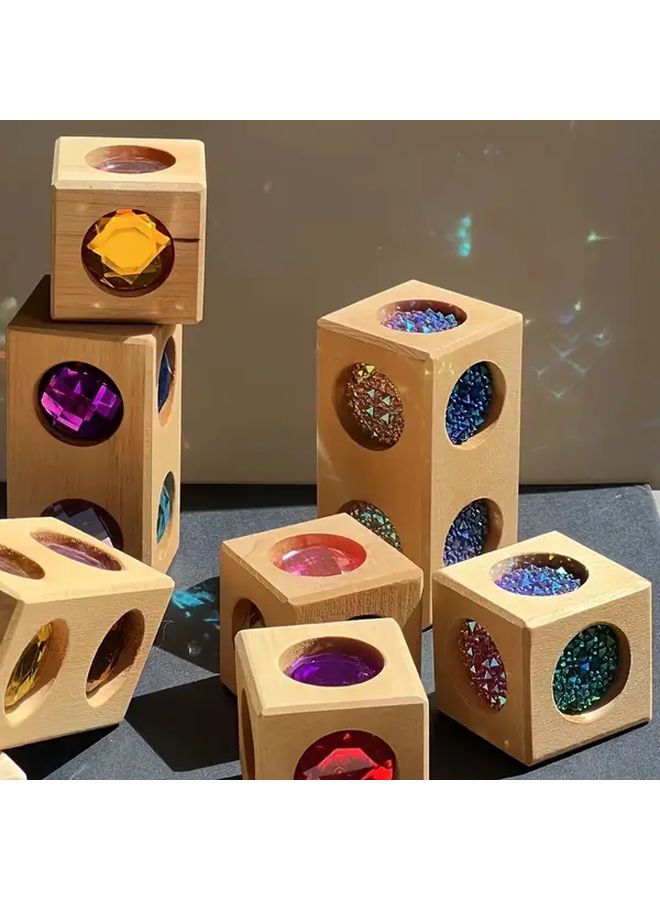 Wooden Box Packaging 7PCS DIY Cube Puzzle Building Set with Rainbow Gemstones Color Coded Edges - Image 1